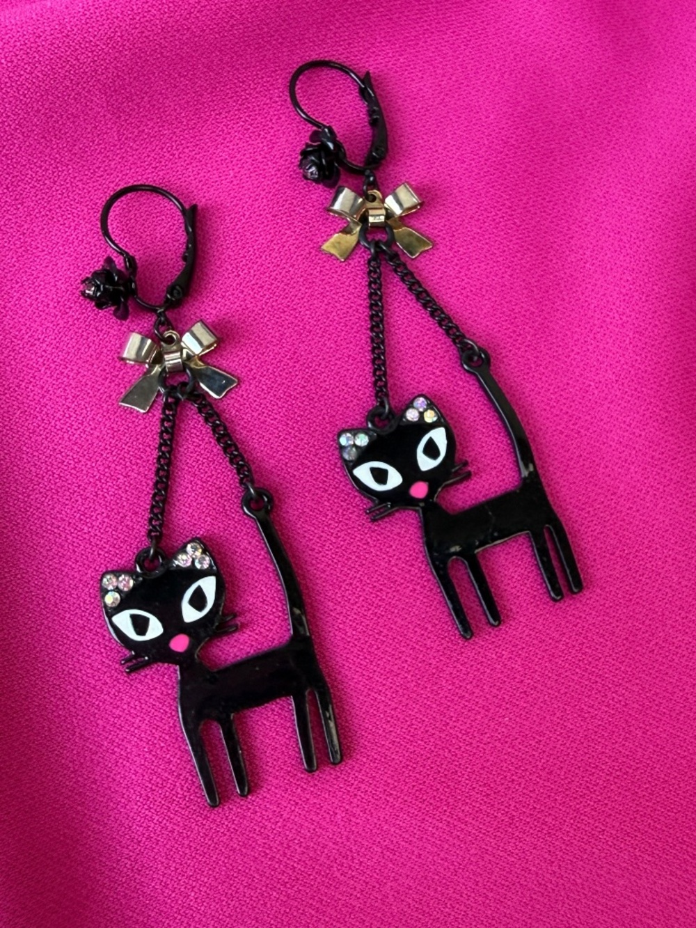Betsey Johnson Vampire Slayer Black Cat Rose Kitten Bow Drop Earrings RARE